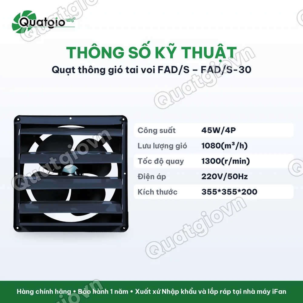 Thông số kỹ thuật Quạt thông gió vuông Ifan có lá sách FAD/S 30
