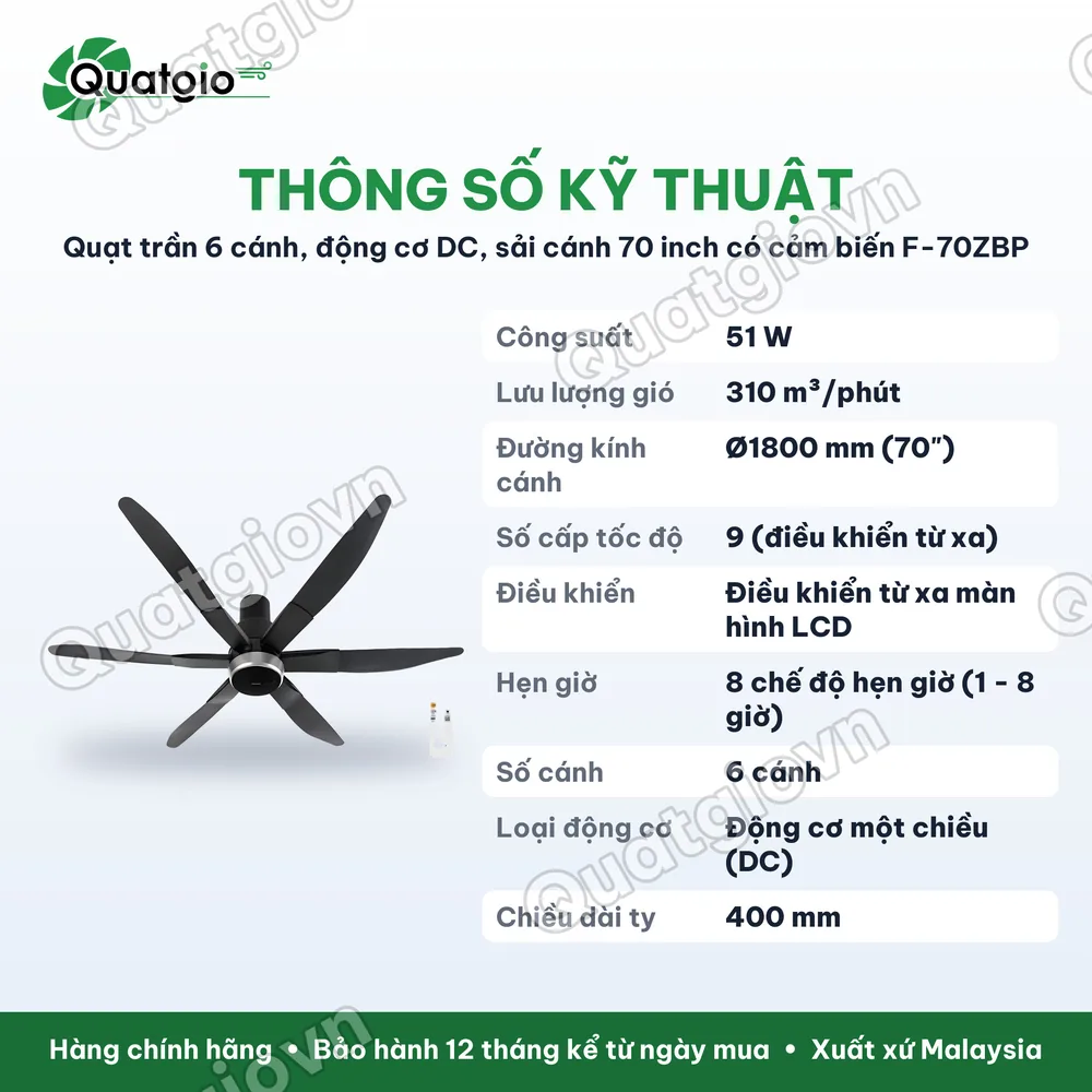 Thông số kỹ thuật Quạt trần 6 cánh Panasonic F-70ZBP