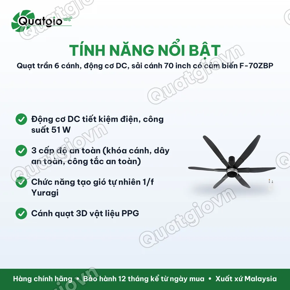 Tính năng nổi bật Quạt trần 6 cánh Panasonic F-70ZBP