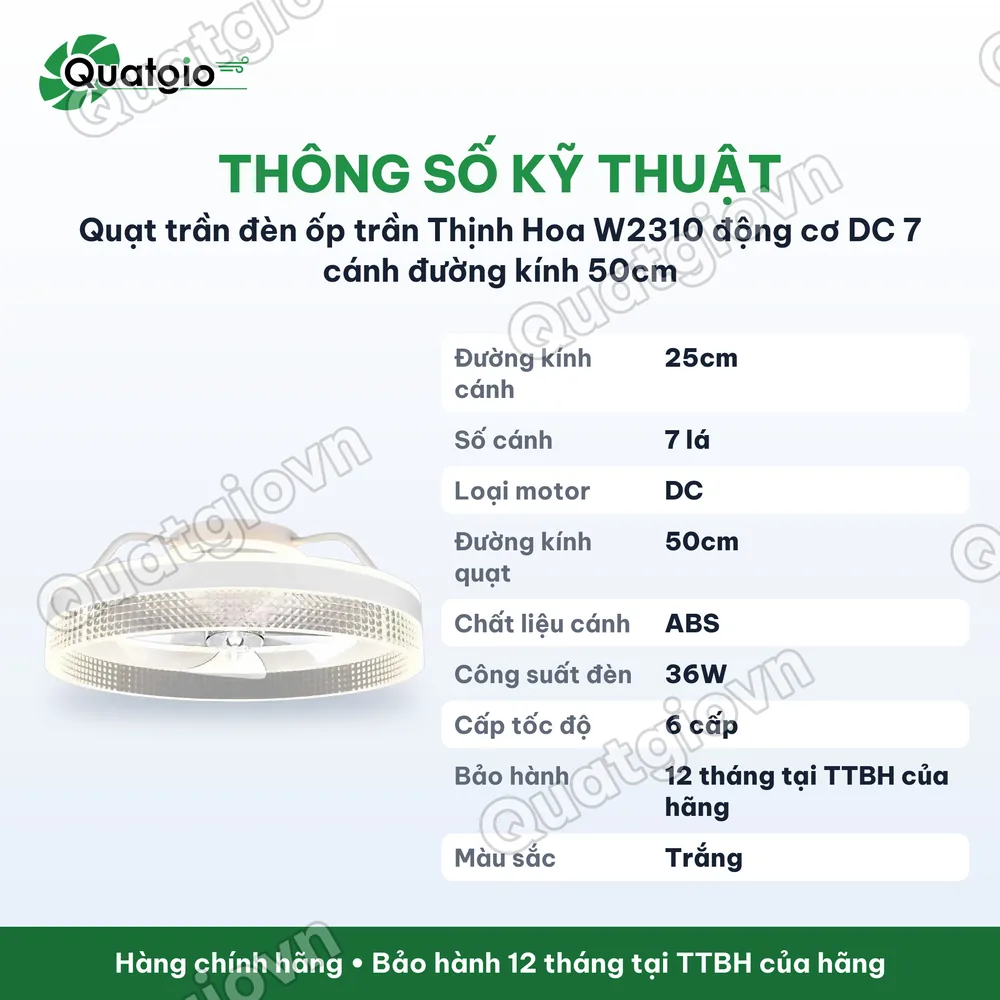 Thông số kỹ thuật Quạt trần đèn ốp trần Thịnh Hoa W2310