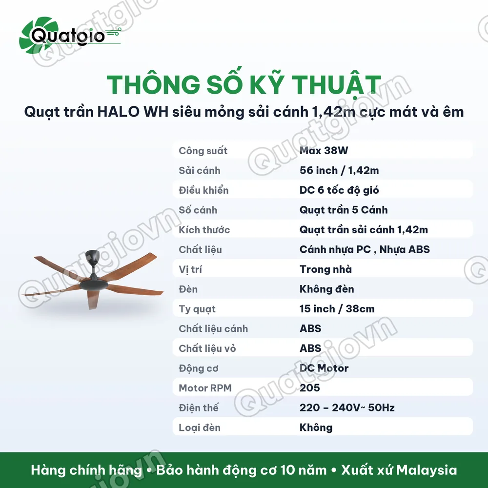 Thông số kỹ thuật Quạt trần Mr Vũ Halo WN 1420mm DC