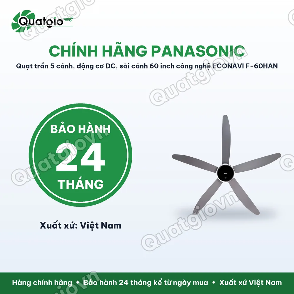 Bảo hành chính hãng Quạt trần Panasonic F-60HAN 5 cánh màu xám – Động cơ DC, cảm biến Econavi, lưu lượng gió 285 m³/phút