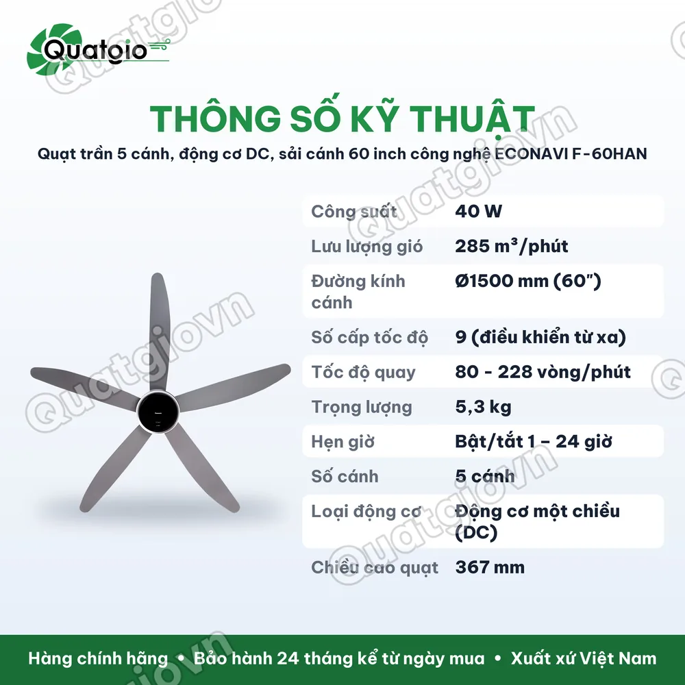 Thông số kỹ thuật Quạt trần Panasonic F-60HAN 5 cánh màu xám – Động cơ DC, cảm biến Econavi, lưu lượng gió 285 m³/phút