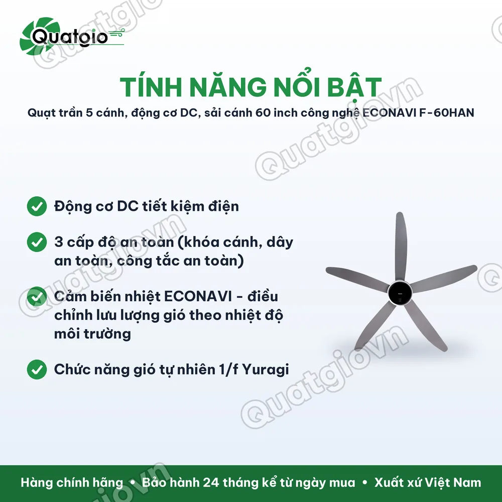 Tính năng nổi bật Quạt trần Panasonic F-60HAN 5 cánh màu xám – Động cơ DC, cảm biến Econavi, lưu lượng gió 285 m³/phút
