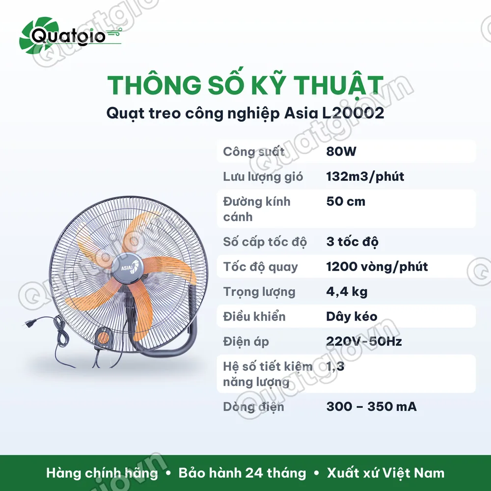 Thông số kỹ thuật Quạt treo công nghiệp Asia L20002