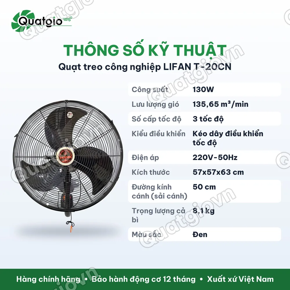 Thông số kỹ thuật Quạt treo công nghiệp Lifan T-20CN 130w