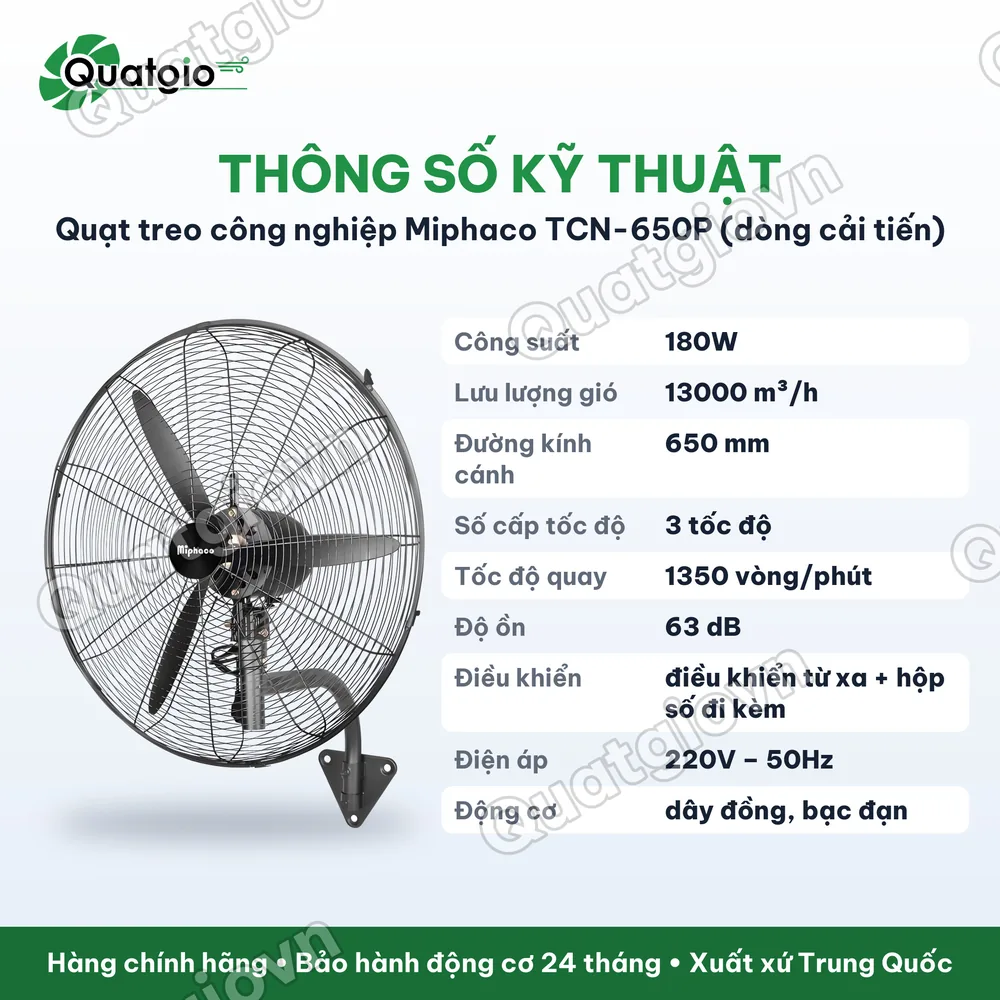 Thông số kỹ thuật Quạt treo công nghiệp Miphaco TCN-650P