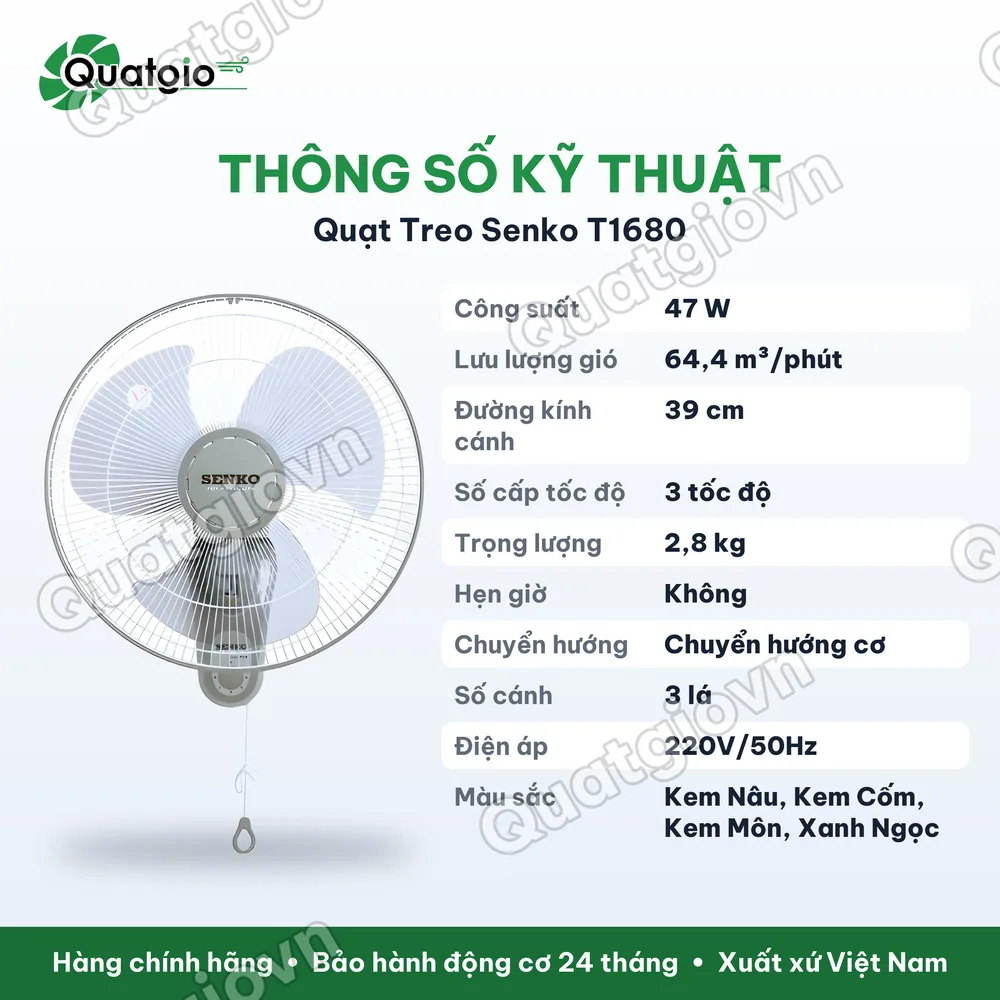 Thông số kỹ thuật Quạt treo SENKO T1680 47w