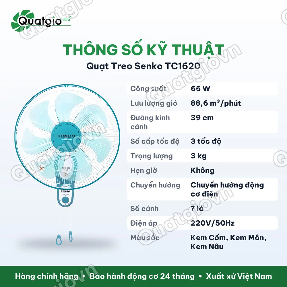 Thông số kỹ thuật Quạt treo SENKO TC1620 65w