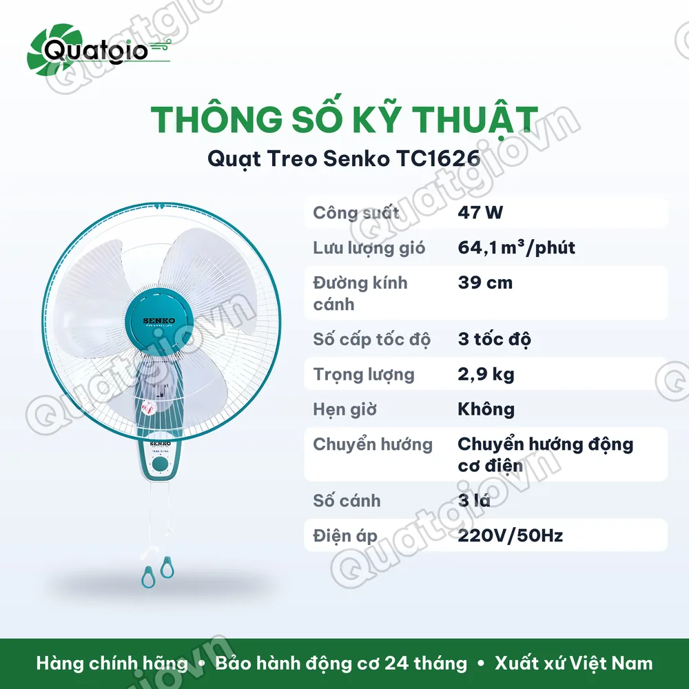 Thông số kỹ thuật Quạt treo SENKO TC1626 47w