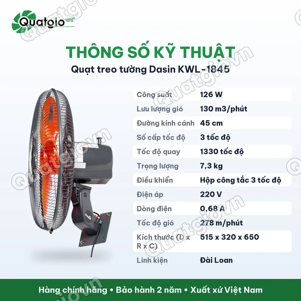Thông số kỹ thuật Quạt Treo Tường Dasin KWL-1845 -126W