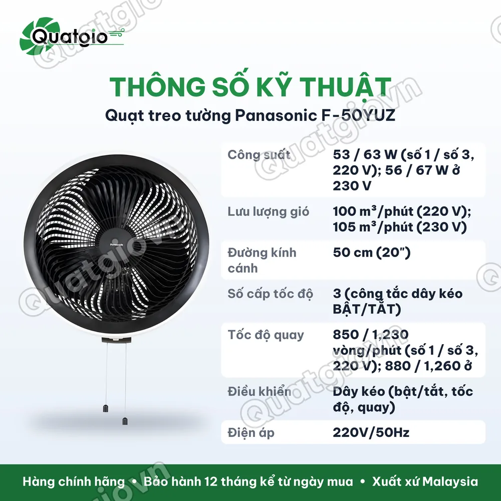 Thông số kỹ thuật Quạt treo tường Panasonic F‑50YUZ