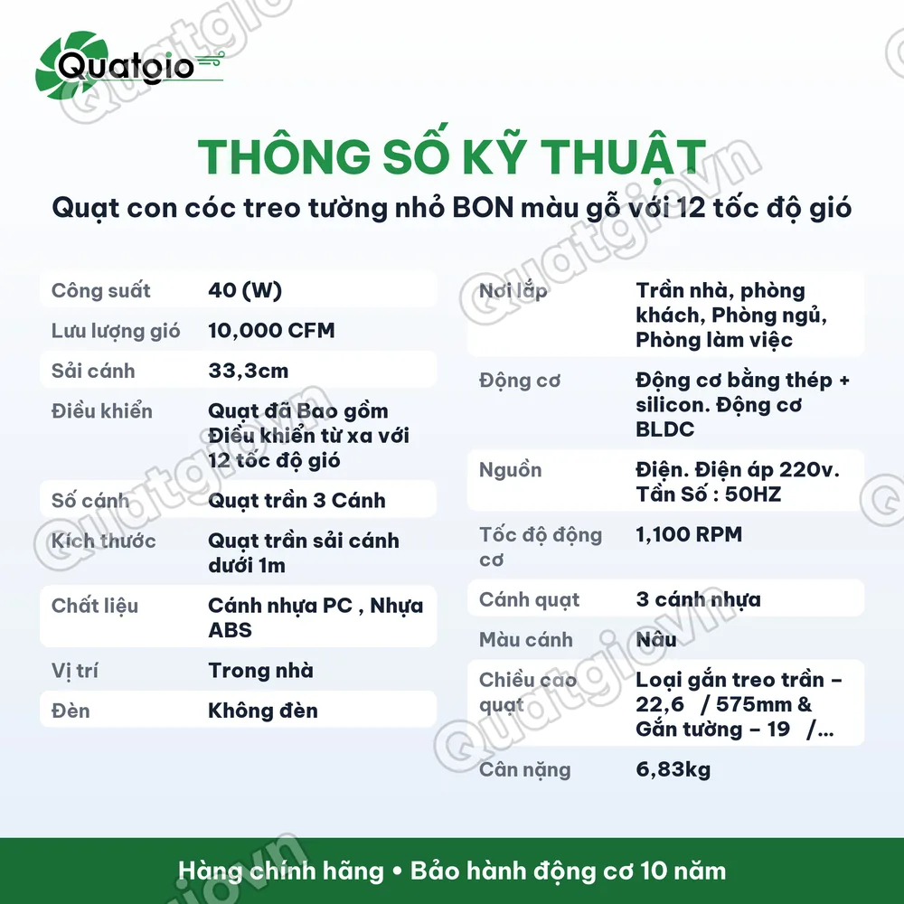 Thông số kỹ thuật Quạt treo tường, treo trần Mr Vũ BON