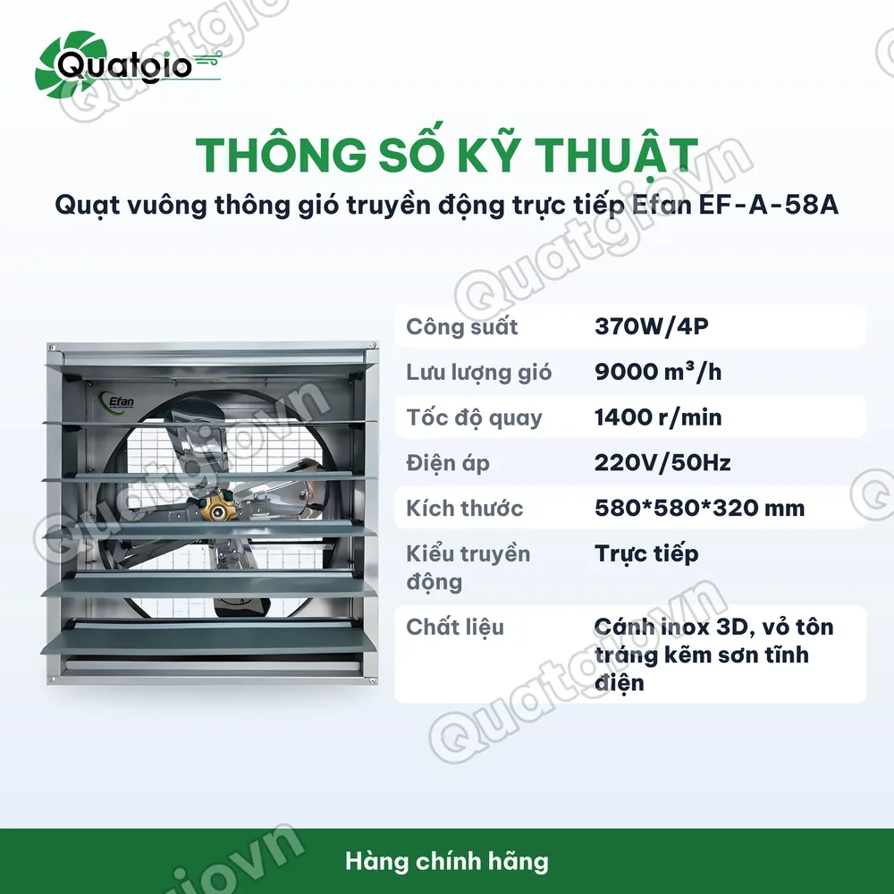 Thông số kỹ thuật Quạt vuông thông gió truyền động trực tiếp Efan EF-A-58A