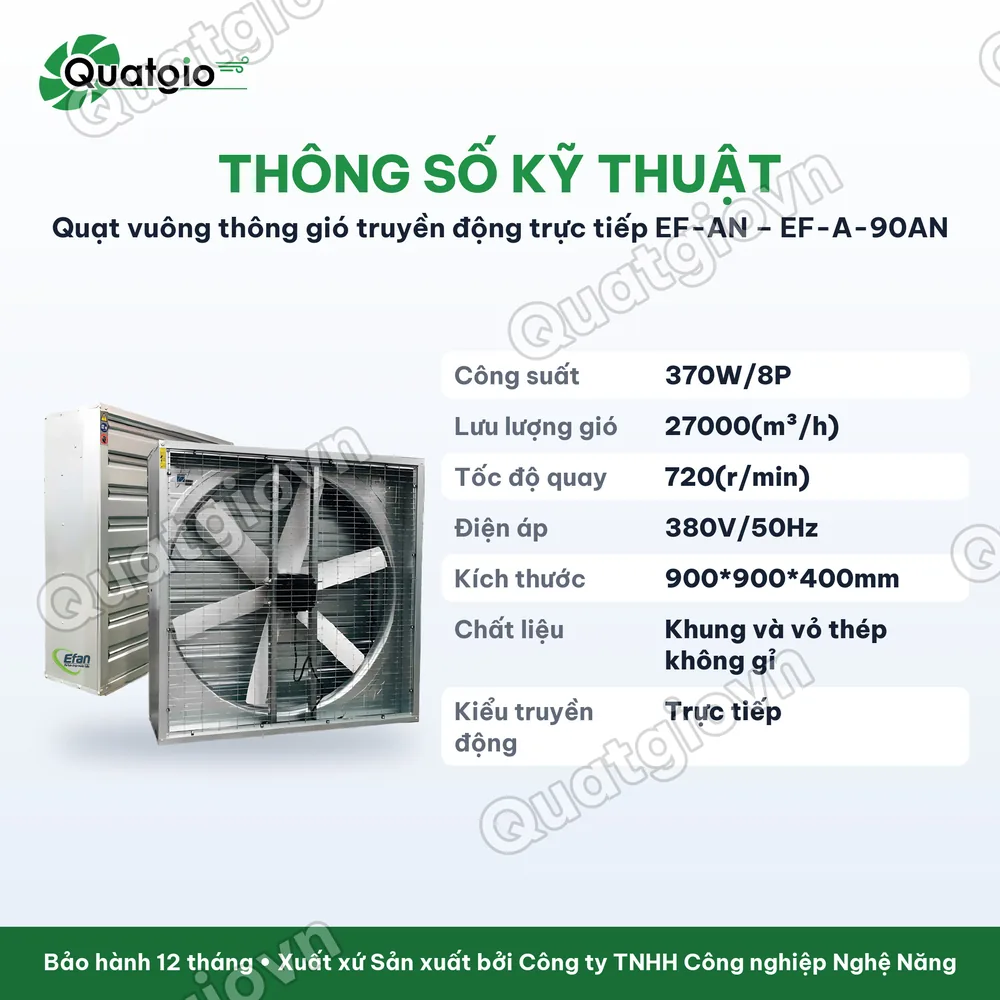 Thông số kỹ thuật Quạt vuông thông gió truyền động trực tiếp Efan EF-A-90AN / EF-A-106AN / EF-A-122AN / EF-A-138AN